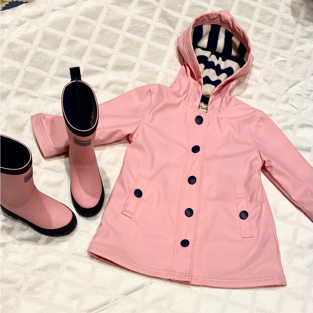 Little girls Hatley matching raincoat (size 3) and rain boots (size 8).